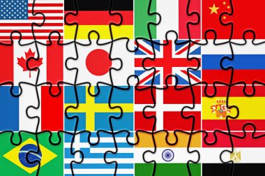 Yapboz parçalarında ülke bayrakları. 3B illüstrasyon.