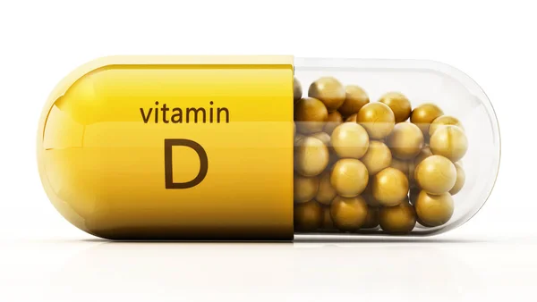 ビタミンDは太陽のシンボルを持つ黄色の球と錠剤 3Dイラスト — ストック写真