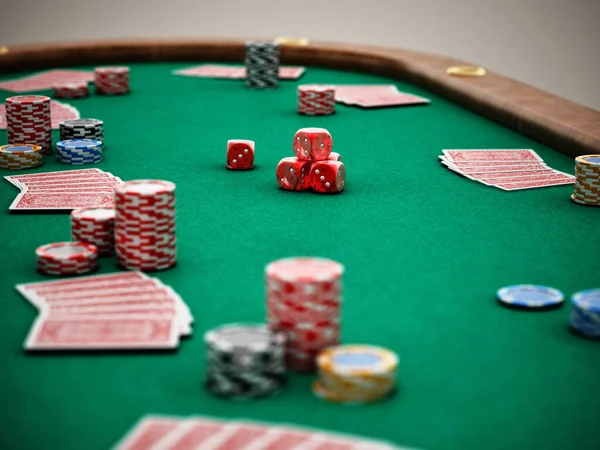 Mesa Póquer Con Cartas Fichas Casino Dados Ilustración —  Fotos de Stock