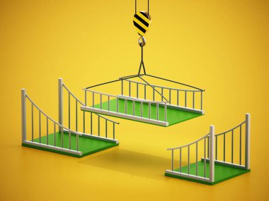 Birbirine uyan yeşil köprü parçaları. Köprü inşa etme kavramı. 3B illüstrasyon.