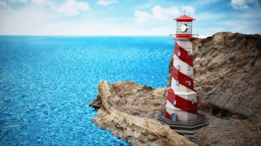 Denize yakın bir yamaçta jenerik deniz feneri. 3B illüstrasyon.