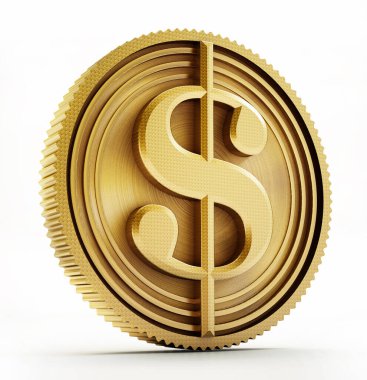Beyaz arka planda dolar işareti olan altın sikke. 3B illüstrasyon.
