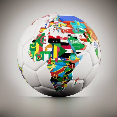 Futbol topunun etrafında ülke bayrakları olan dünya haritası. 3B illüstrasyon.