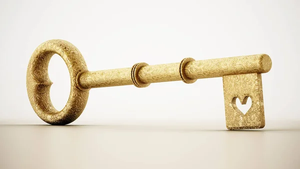 Goldener Reich Verzierter Schlüssel Mit Herzsymbol Auf Weißem Hintergrund Illustration — Stockfoto