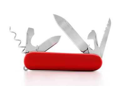 Beyaz arka planda izole edilmiş genel İsviçre bıçağı. 3B illüstrasyon.