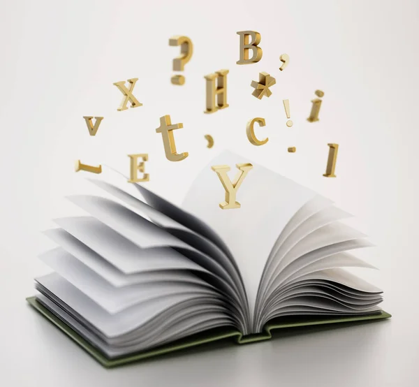 Open book with flying letters in the air. 3D illustration.