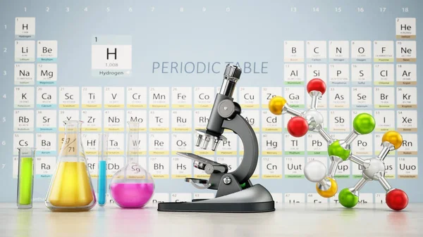 Chemielabor Mit Mikroskop Molekülmodell Und Gläsernem Laborgerät Auf Dem Tisch — Stockfoto