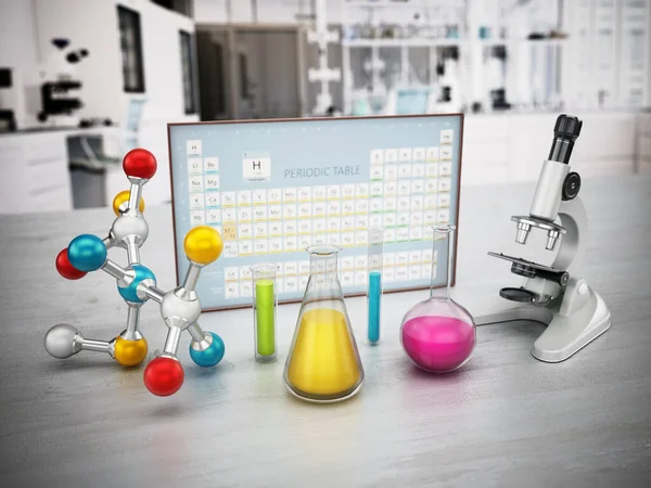 テーブルの上に顕微鏡 分子モデル ガラス実験装置を備えた化学実験室 背景の周期表 3Dイラスト — ストック写真