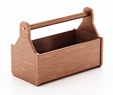 Beyaz arkaplanda boş ahşap alet çantası var. 3B illüstrasyon.