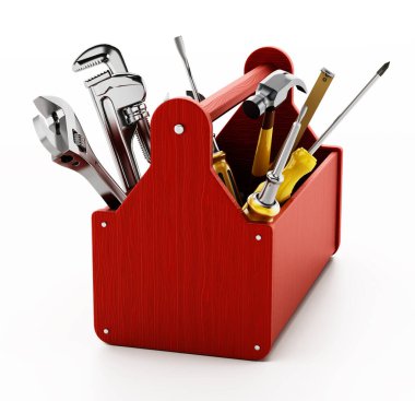 Beyaz arka planda çeşitli el aletleri olan kırmızı ahşap alet çantası. 3B illüstrasyon.