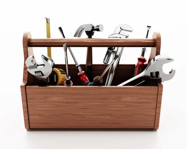 木制工具箱 各种手工工具隔离在白色背景上 3D插图 — 图库照片