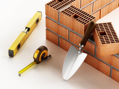 Tuğlalar ve inşaat aletleri beyaz arka planda izole edilmiş. 3B illüstrasyon.