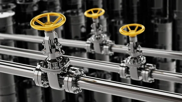 Oil pipes with yellow valves against black oil drums background. 3D illustration.