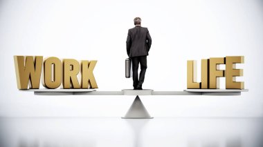Merkezdeki iş adamıyla iş ve yaşam dengesi ölçeği. 3B illüstrasyon.