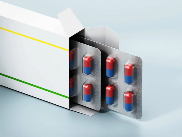 Boîte Pilules Ouverte Avec Capsules Isolées Sur Fond Vert Illustration — Photo