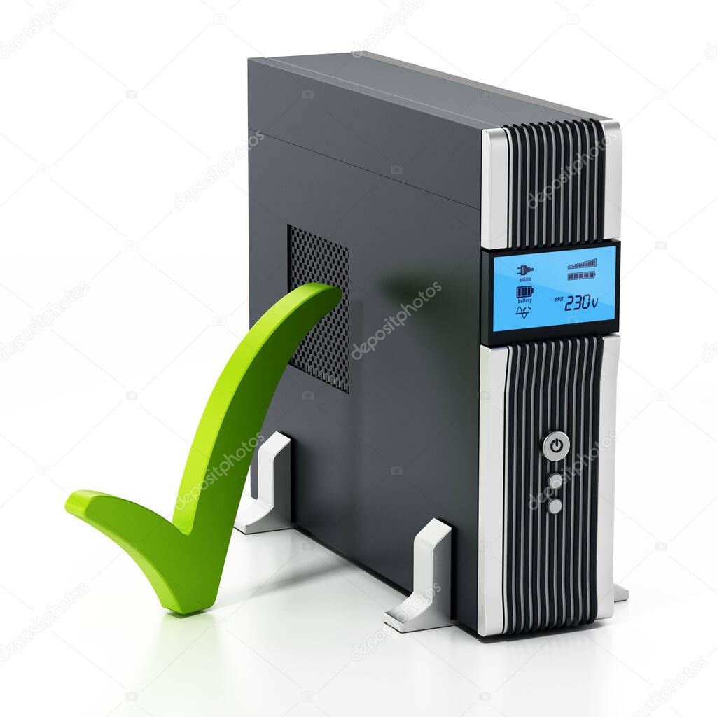 Uninterruptible power supply UPS with green checkmark isolated on white background. 3D illustration.