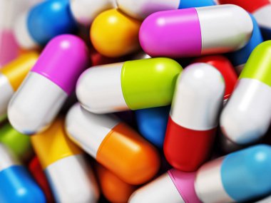 Çok renkli vitamin hapları yığını. 3B illüstrasyon.