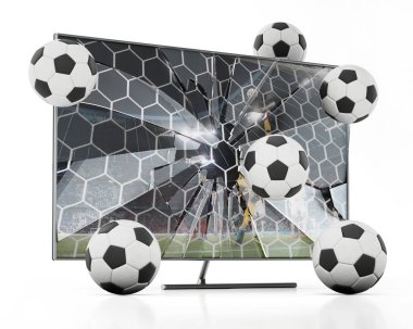 LCD TV 'den kırık ekranla çıkan futbol topları. 3B illüstrasyon.