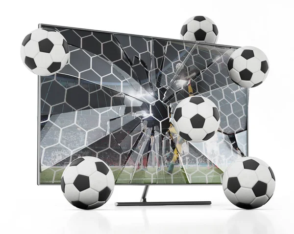 Soccer Balls Floating Out Lcd Shattered Screen Illustration — Stock Photo, Image