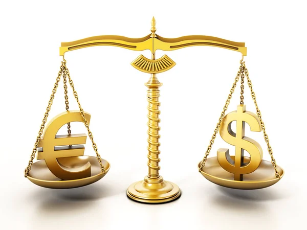 Goldene Euro Und Dollarzeichen Stehen Auf Der Waage Einer Ausgeglichenen — Stockfoto