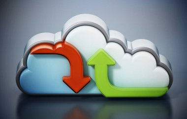 Oklar ve bulut şekli yükleniyor ve indiriliyor. 3B illüstrasyon.