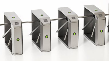 Tripod güvenlik kapıları beyaz arka planda izole edilmiş. 3B illüstrasyon.