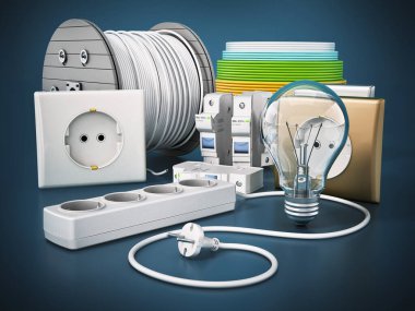 Elektrik prizleri, elektrik kabloları, sigorta tutacakları ve ampuller. 3B illüstrasyon.