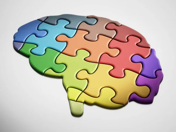 Pezzi Puzzle Colorati Che Formano Una Forma Del Cervello Umano — Foto Stock