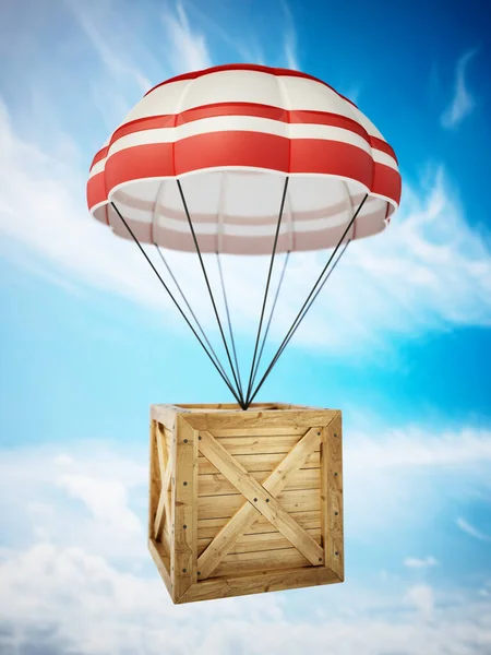 Caixote Madeira Céu Sendo Entregue Com Paraquedas Ilustração — Fotografia de Stock