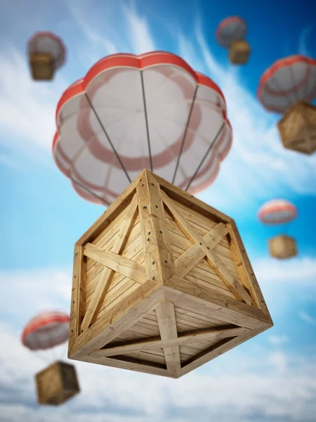 Wooden Crates Sky Being Delivered Parachutes Illustration — Stock Photo, Image