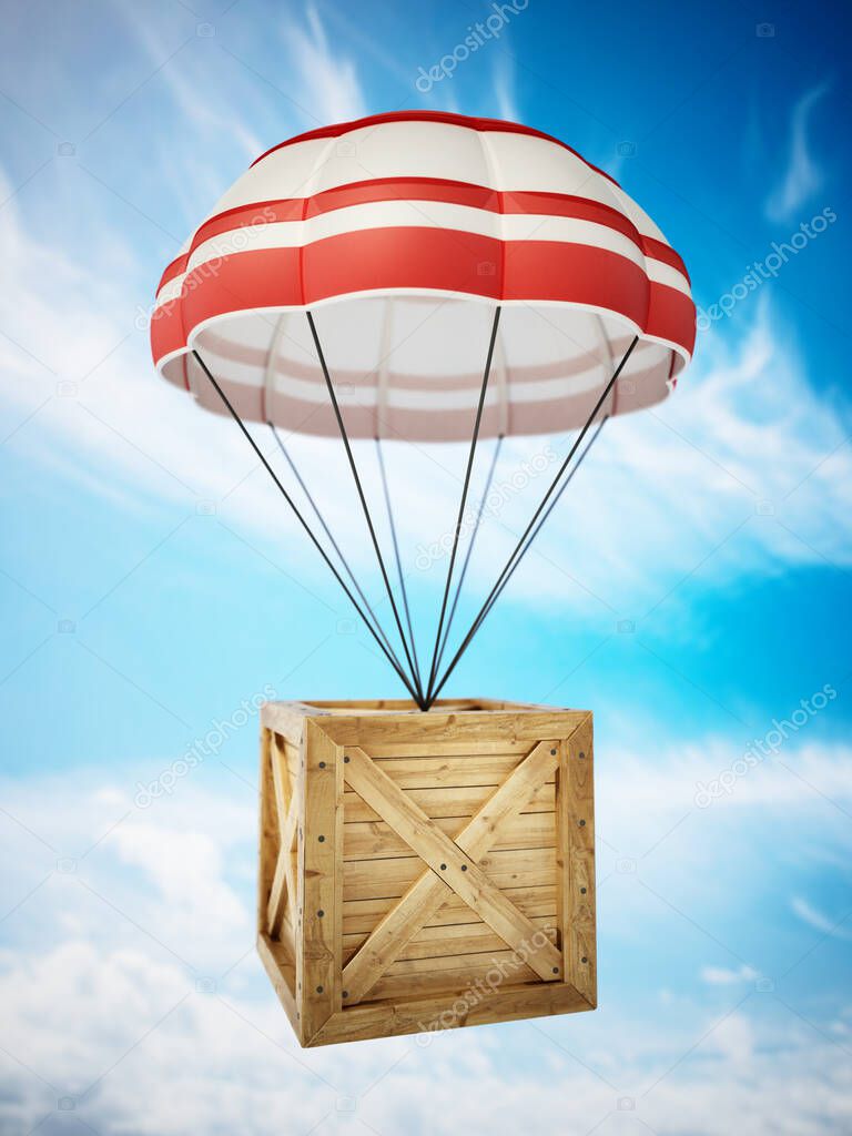 Wooden crate in the sky being delivered with parachutes. 3D illustration.