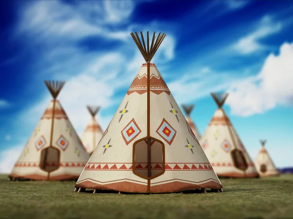 Indian Tents Grass Field Blue Sky Illustration — Stock Photo, Image