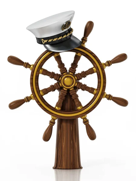 船の車輪と船長の帽子は白い背景に隔離されています 3Dイラスト — ストック写真
