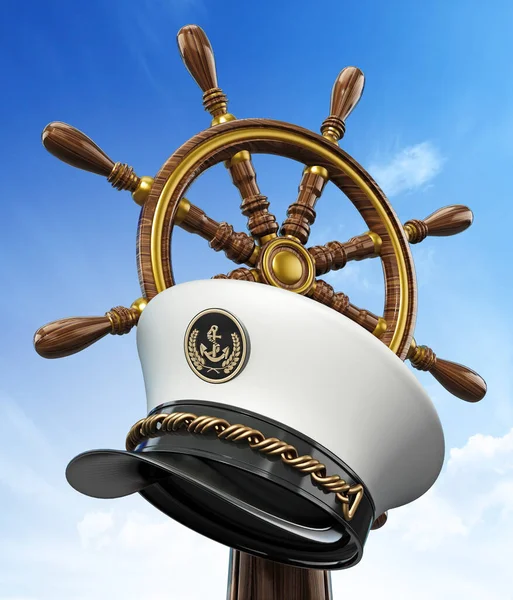 Mavi Gökyüzü Arka Planına Karşı Gemi Tekeri Kaptan Şapkası Illüstrasyon — Stok fotoğraf