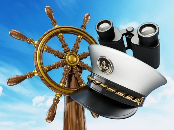 Ship wheel and captain hat against blue sky background. 3D illustration.