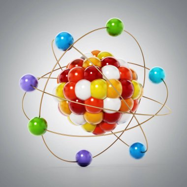 Renkli kürelerden oluşan soyut molekül modeli. 3B illüstrasyon.