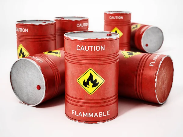 Κόκκινα Βαρέλια Προσοχή Εύφλεκτο Προειδοποιητικό Κείμενο Και Σύμβολο Πυρκαγιάς Που — Φωτογραφία Αρχείου