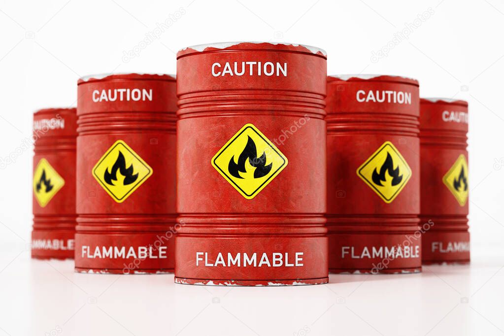 Red barrels with caution flammable warning text and fire symbol isolated on white background. 3D illustration.
