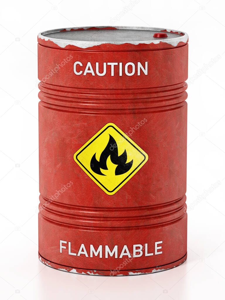 Red barrel with caution flammable warning text and fire symbol isolated on white background. 3D illustration.