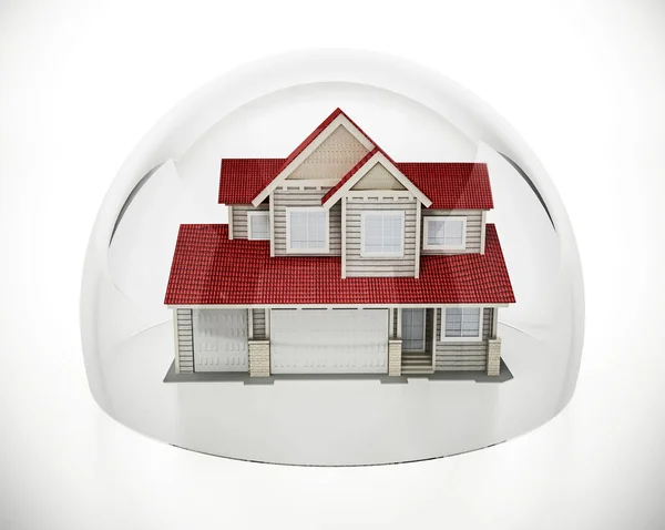 玻璃球保护的房子模型 保险和安全概念 3D插图 — 图库照片
