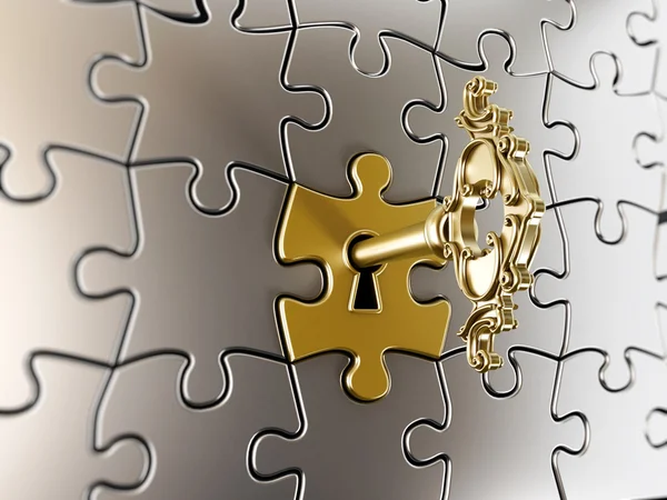 Golden key on puzzle part — Stock Photo, Image