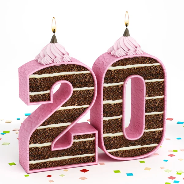 Number 20 shaped chocolate birthday cake with lit candle — Stock Photo, Image