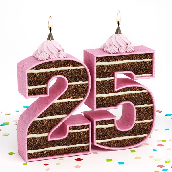 Number 25 shaped chocolate birthday cake with lit candle — Stock Photo, Image