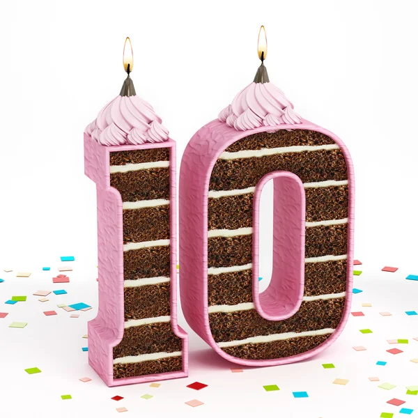 Number 10 shaped chocolate birthday cake with lit candle — Stock Photo, Image