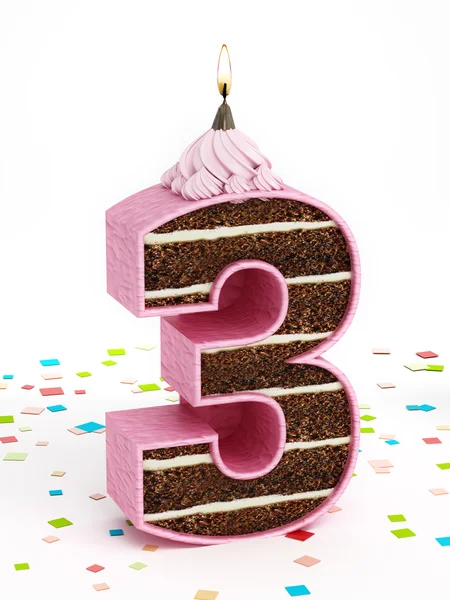 Torta di compleanno al cioccolato a forma di numero 3 con candela accesa — Foto Stock