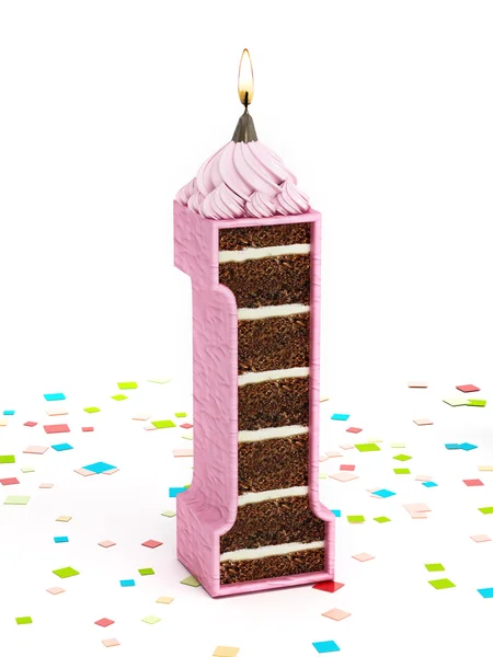 Számú gyertyát gyújtott 1 alakú születésnapi csokoládé torta — Stock Fotó