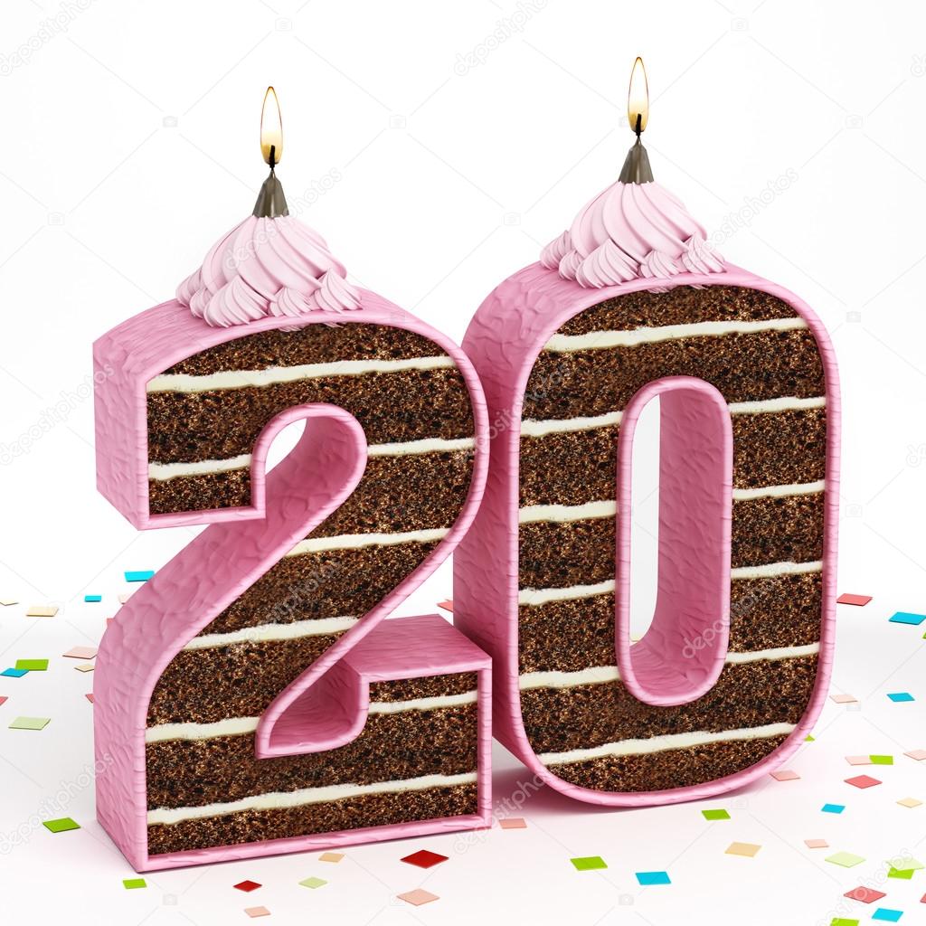 Number 20 shaped chocolate birthday cake with lit candle Stock Photo by  ©destinacigdem 57547161