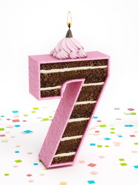 Number 7 shaped chocolate birthday cake with lit candle clipart