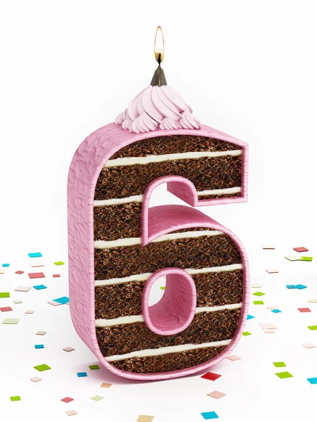 Number 6 shaped chocolate birthday cake with lit candle — Stock Photo, Image