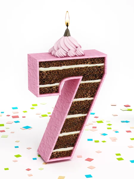 Number 7 shaped chocolate birthday cake with lit candle — Stock Photo, Image